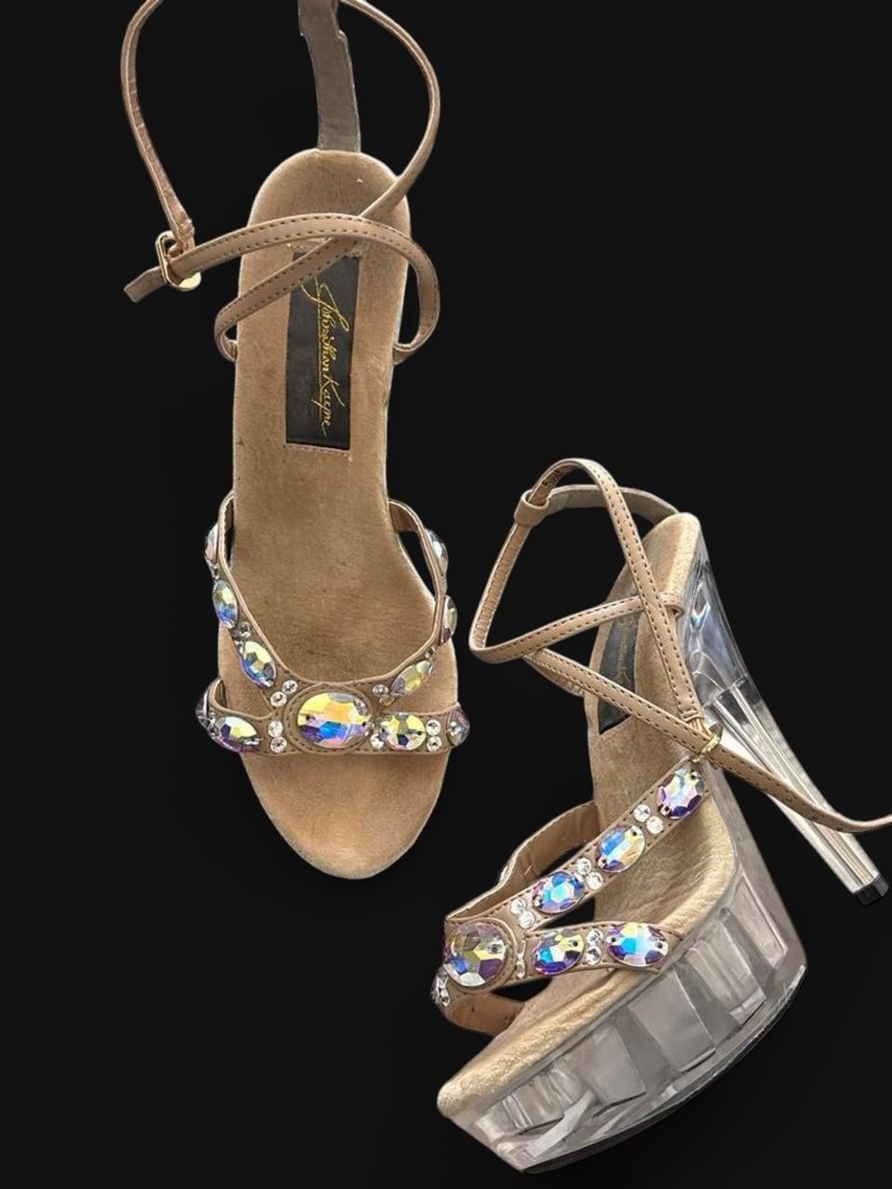 Jonathan Kayne pageant Clear Platform Tan Jeweled Ankle-Strap Sandals